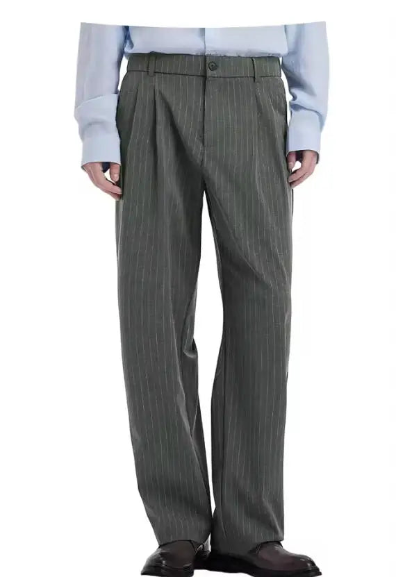 Stripe Men's Pants Slant Pockets Pleated Wide Leg High Waist Loose Fit Button Fly Business Casual Daily Office All-Match Trouser