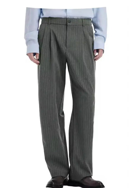 Stripe Men's Pants Slant Pockets Pleated Wide Leg High Waist Loose Fit Button Fly Business Casual Daily Office All-Match Trouser