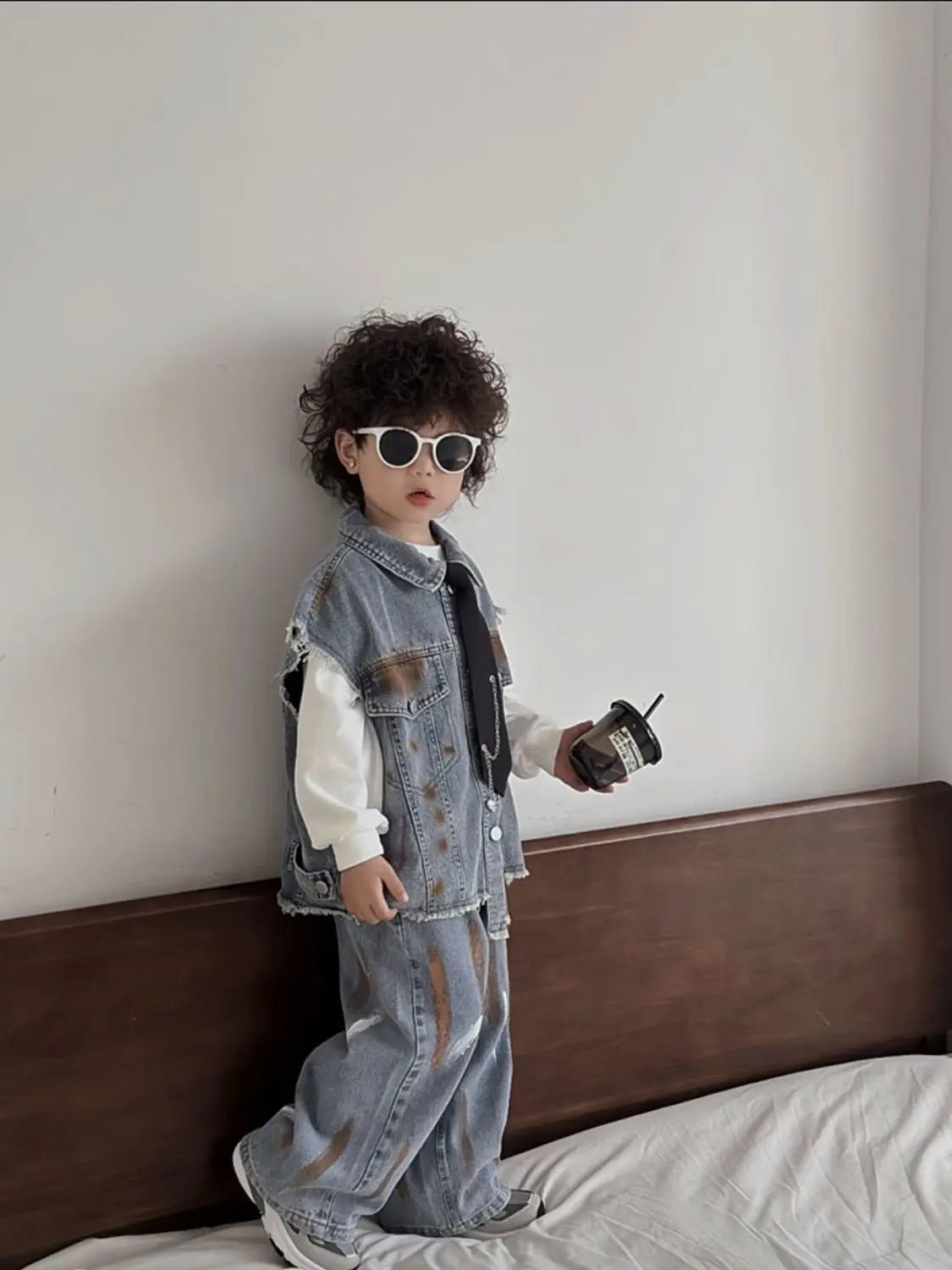 Boys Vest +Pants + Tie Outfits Kids Suits Cotton 3PCS/Set 2026 Blue Jean Spring Autumn Cotton Sport Teenagers Children Clothing