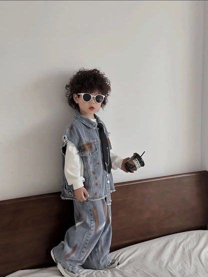 Boys Vest +Pants + Tie Outfits Kids Suits Cotton 3PCS/Set 2026 Blue Jean Spring Autumn Cotton Sport Teenagers Children Clothing