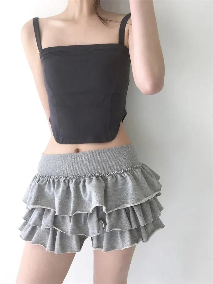 Y2k Lolita Mini Cake Skirt Soft Girl low Waist Ruffle Fluffy Fairy Skirts Summer Kawaii Cute Elegant Short Skirt Black