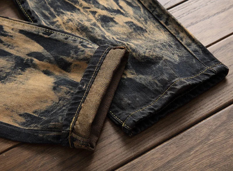 American Vintage Straight-leg Jeans for Men, Featuring Distressed Rip Details, Patchwork and Street-style Tapered Cut.