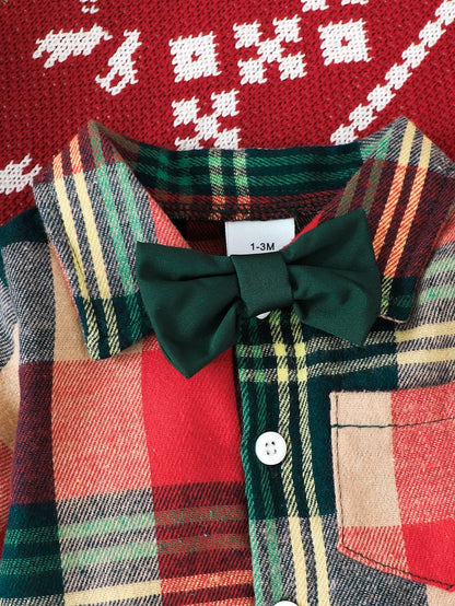 3PCS，Baby Christmas set: Plaid long sleeve Jumpsuit with detachable bow tie+Santa decorative Suspenders，Casual comfort.
