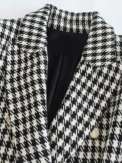 Women Fashion Double Breasted Houndstooth Blazer Coat Vintage Long Sleeve Flap Pockets Female Outerwear Chic Vestes