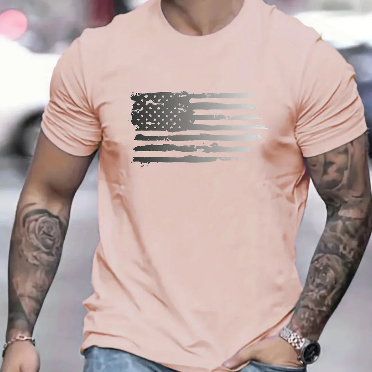 Men's summer 100 cotton fashionable casual loose plus size American flag printed sports round neck short sleeved T-shirt top