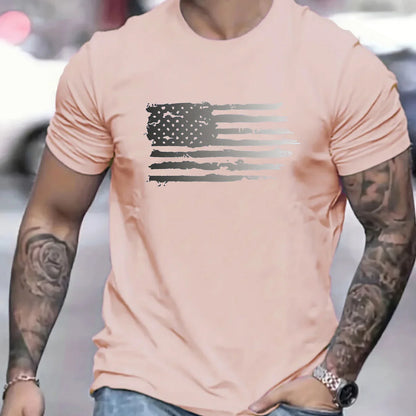 Men's summer 100 cotton fashionable casual loose plus size American flag printed sports round neck short sleeved T-shirt top