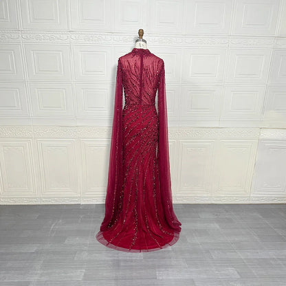 Luxury Saudi Arabia Mermaid Beaded Cape Sleeves High-Neck Evening Dresses 2025 Dubai Party Gowns for Women Wedding Customized