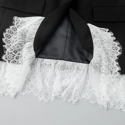 Spring Autumn Elegant Lace Splicing Blazer V-Neck Oversized Black Coat Chic Streetwear Women