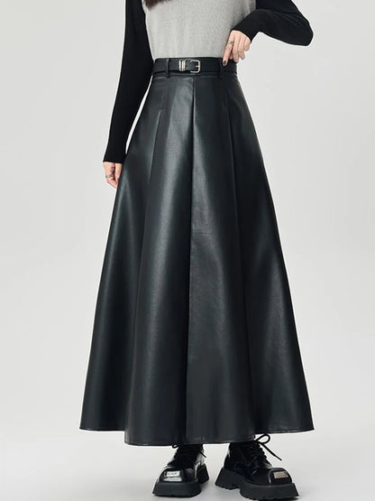 Vintage PU leather women midi skirts Y2K Autumn high waist Streetwear with belt pleated Skirt female elegant Solid A line skirts