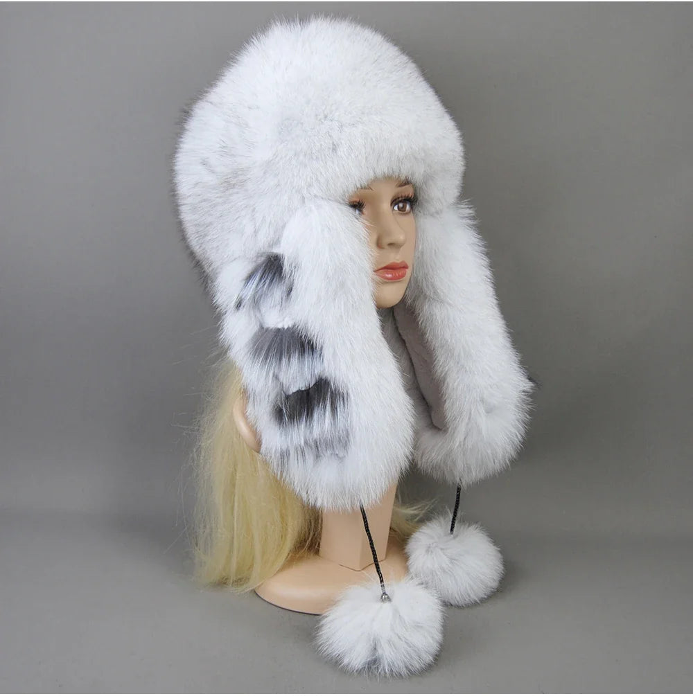 Hot Sale Lady Winter Warm Luxury 100% Natural Fox Fur Hat Fashion Fluffy Fox Fur Rex Rabbit Fur Caps Women Real Fur Bomber Hats