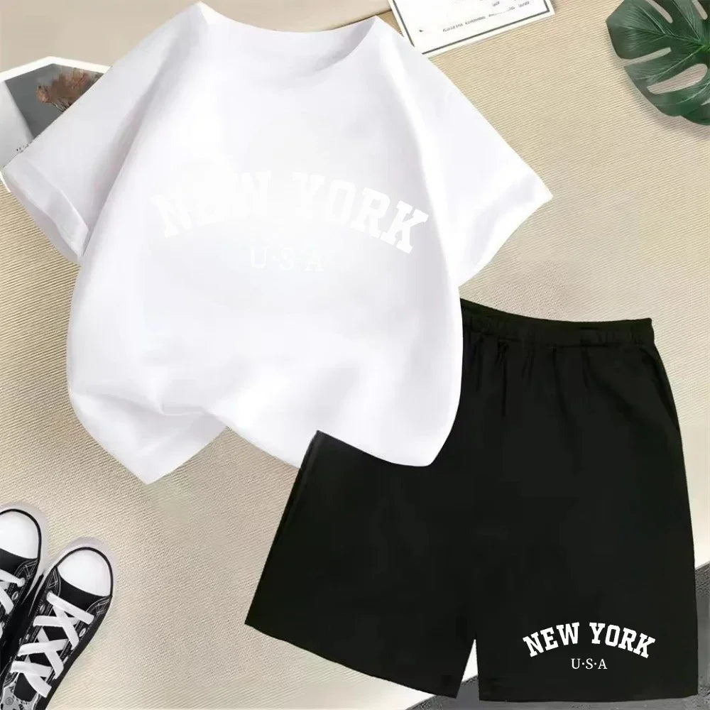 2026 New Kids Boys Girls New York Letter Pattern Cotton T-shirt+Shorts 2-Piece Set Casual Daily