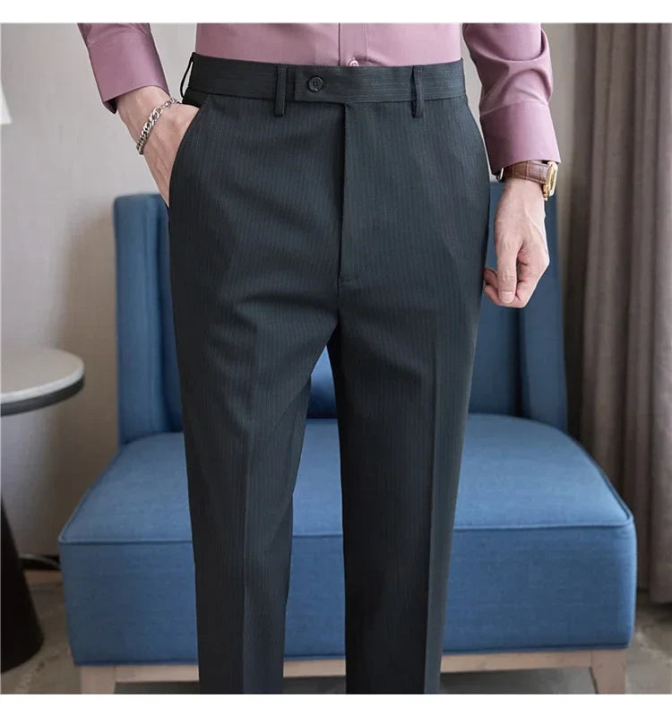 British Style Pinstripe Slim Fit Suit Pant Men Business Casual Simple Dress Pants High Quality Social Wedding Party Trousers