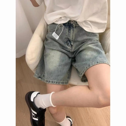 2026 New American Vintage Straight Denim Shorts Woman Summer High-Waisted Solid Jeans Women's Short Pants
