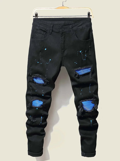 High Stretch Men's Ripped Jeans for Men Cool Skinny Slim Denim Pants Patchwork Hip Hop Black Blue Casual Jogging Trousers