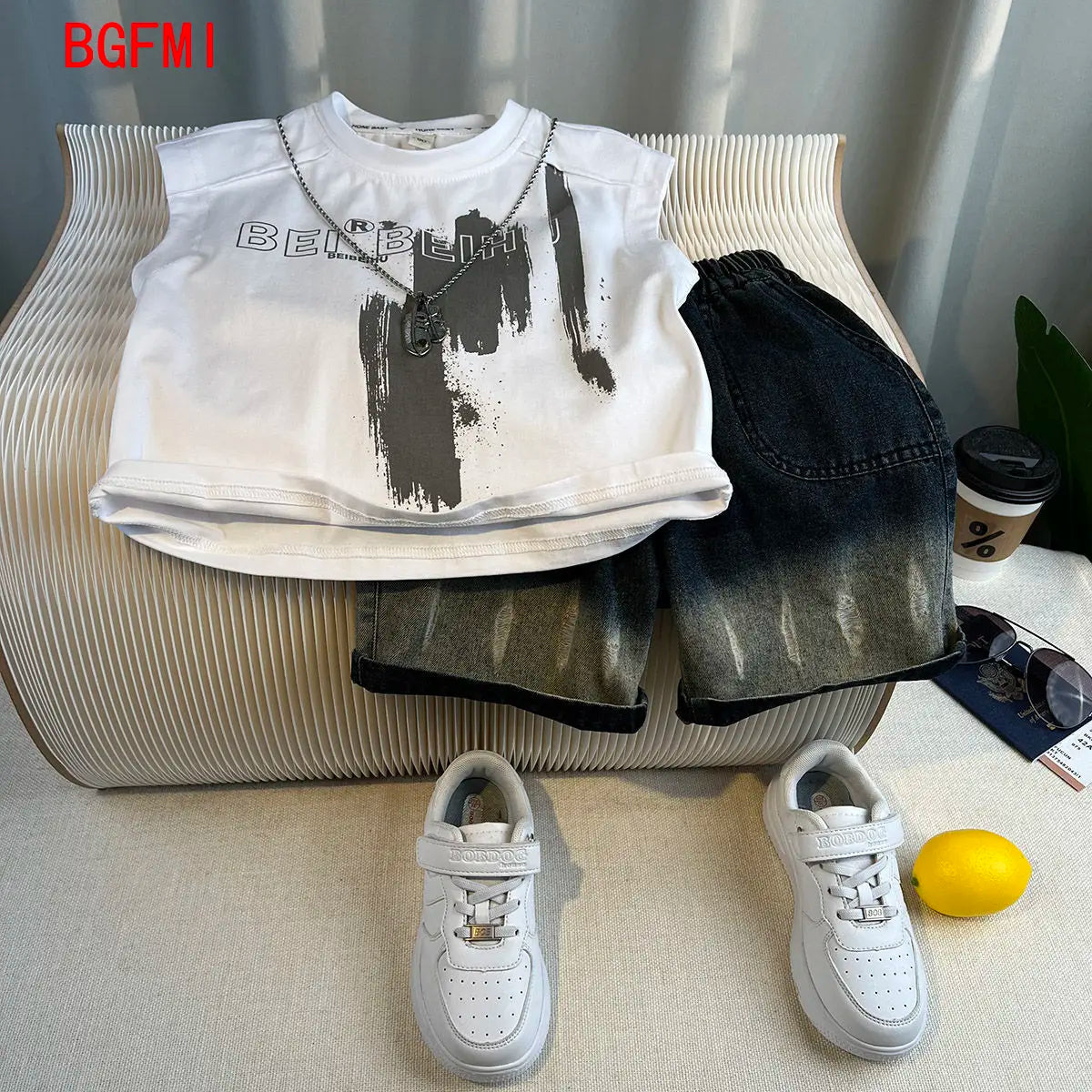 Korean Children's Summer Clothes Kids Set Outfits Boys 2026 Handsome Sleeveless&Short Sleeved T-shirt Denim Shorts 2-piece Set