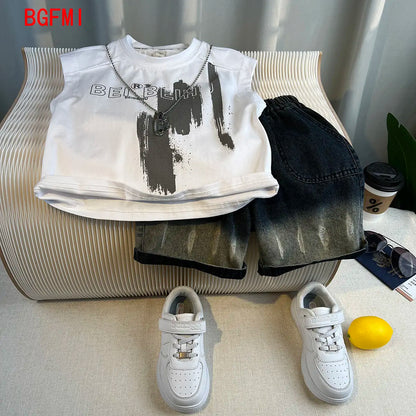 Korean Children's Summer Clothes Kids Set Outfits Boys 2026 Handsome Sleeveless&Short Sleeved T-shirt Denim Shorts 2-piece Set