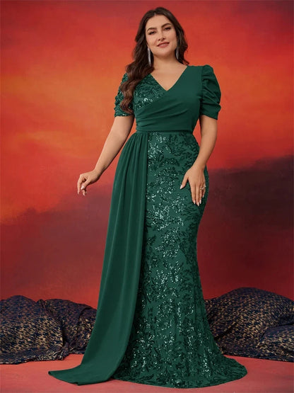Plus Size Short Sleeve Ribbon Sequin Formal Evening Dresses Women Long Mermaid Wedding Party Bridesmaid Guest Gowns