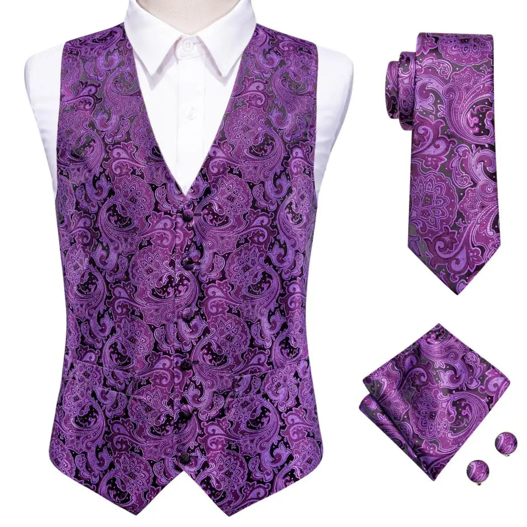 Mens Vests Tie Sets V-Neck Grey Red Purple Blue Green Pink Black Waistcoat Hanky Cufflinks Wedding Business Designer