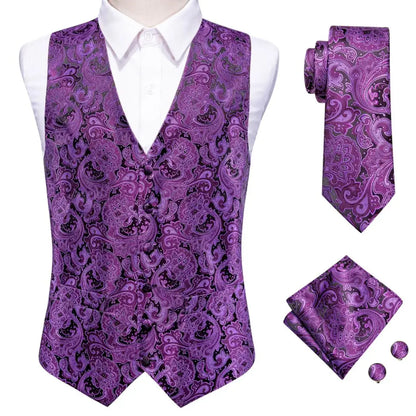 Mens Vests Tie Sets V-Neck Grey Red Purple Blue Green Pink Black Waistcoat Hanky Cufflinks Wedding Business Designer