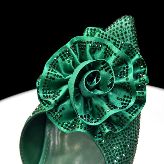 2025 Elegant Shiny Green Handbag & Medium Heel Shoe Set with Exquisite Handmade Floral Accents for Weddings & Parties