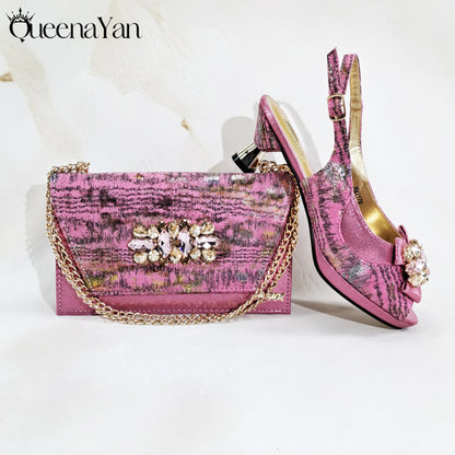New Women High-Heel Shoes Elegant Wine Rhinestone Metallic Diamond Accents Paired with Match Handbag Exquisite Special-Material