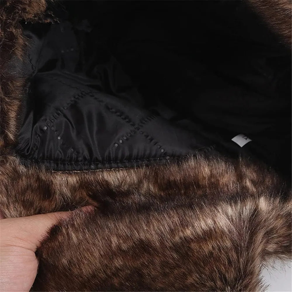 New Leather Winter Hat Faux Fur Lined Pilot Ski Ushanka Thicken Warm Windproof Snow Cap With Ear Flap Men's Hats & Caps