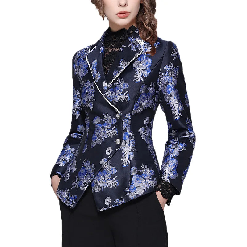 Vintage Blue Floral Jacquard Women Blazer 2023 Autumn New Suit Collar Jacket Elegant Slim Beaded Casual Blazers Coat
