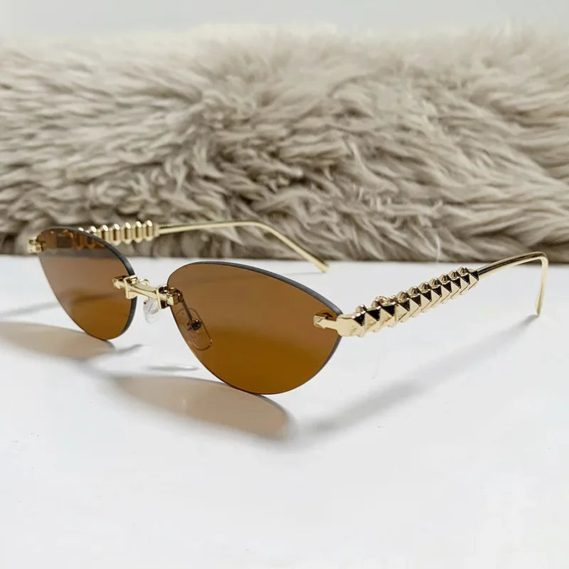 2026 Cat Eye Rivet Rimless Sunglasses Women Luxury Fashion Brand Oval Narrow Sun Glasses Shades Trendy Elegant Unique Eyewear