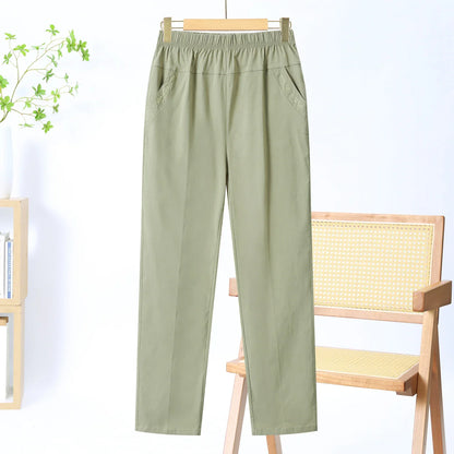 Summer Casual Washed Cotton Women's Plus Size Pants 2025 Elastic Waist Office Casual Outdoor Trousers Breathable Cool Clothing
