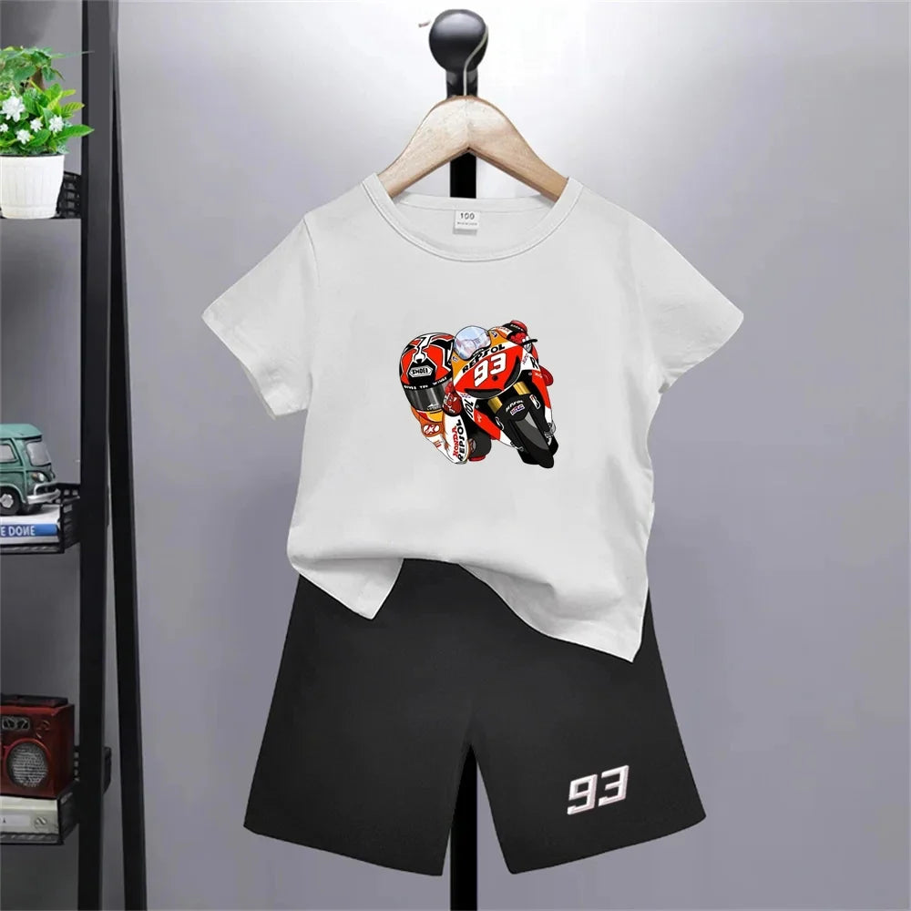 Summer Red Short Sleeve T Shirt + Shorts 2 Piece Motorcycle Race Car Number 93 Children Clothes Casual Boy Girl Kid Tracksuit