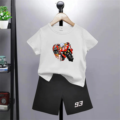 Summer Red Short Sleeve T Shirt + Shorts 2 Piece Motorcycle Race Car Number 93 Children Clothes Casual Boy Girl Kid Tracksuit