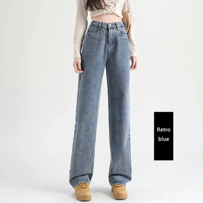 Woman Jeans Elastic High Waist Wide Leg Cotton Denim Clothing Blue White Streetwear Vintage Fashion Harajuku Straight Pants