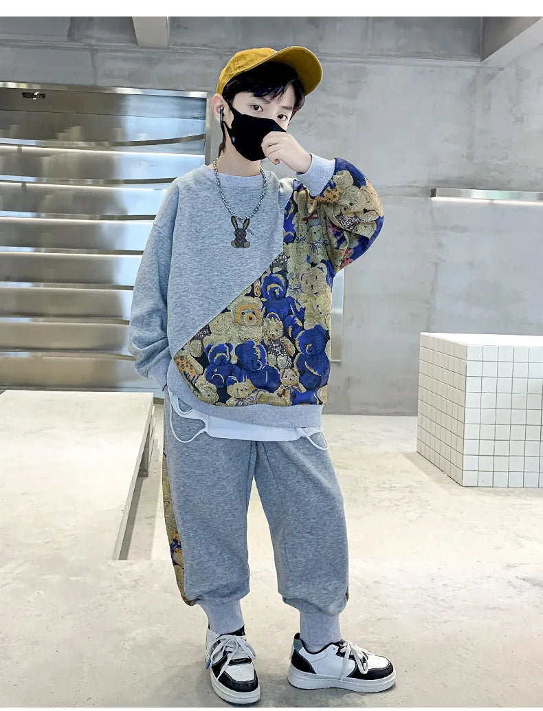 Boys Cotton Cartoon Print Patchwork Workout Sweatshirt+Sweatpant Sets Children 2PCS Tracksuit School Kids Jogging Outfits 5-16Yr