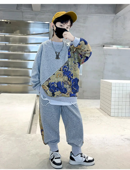 Boys Cotton Cartoon Print Patchwork Workout Sweatshirt+Sweatpant Sets Children 2PCS Tracksuit School Kids Jogging Outfits 5-16Yr