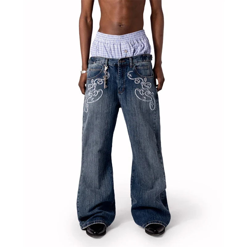 Y2k Blue Opening Bootcut Jeans Vintage Washed Embroidery Men Women Pants Harajuku High Street Streetwear Unisex Casual Jeans