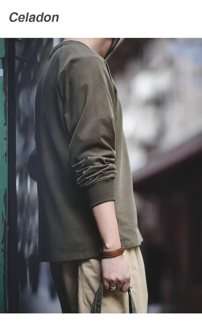 100% Cotton Loose Crew Neck Long Sleeve T-shirts Men's  230g Thin Breathable Tee Shirt Basic Solid Color Oversized Tops