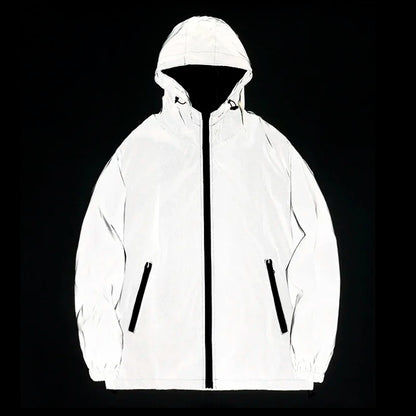 New Men's Night Reflective Jackets Windbreaker Double Fabric Hooded Jacket Hip Hop Personalized Dancer Waterproof Zipper Coats