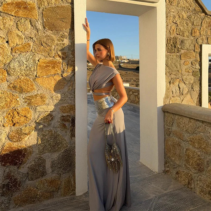 Elegant Sleeveless Draped Crop Tops Sparkly Sequin Floor Length Maxi Skirt Set 2026 NEW Spring Summer Evening Gowns Party Dress