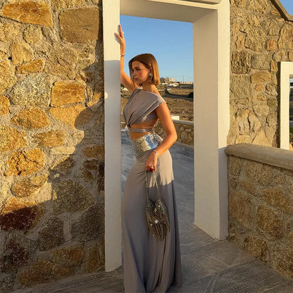Elegant Sleeveless Draped Crop Tops Sparkly Sequin Floor Length Maxi Skirt Set 2026 NEW Spring Summer Evening Gowns Party Dress