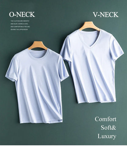 6% Real Silk Cotton Modal Women's T-shirt 2026 Summer Tees Short Sleeve Solid Tee Shirts V-neck Casual Woman Basic T shirt Tops