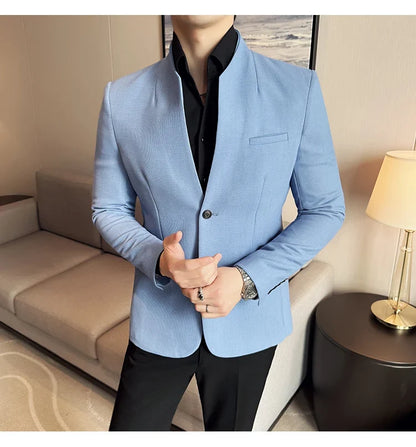 New Waffle Chinese Stand-Up Collar Blazers Men Slim Fit Business Casual Fashion Suits Jacket Formal Social Prom Party Tuxedos