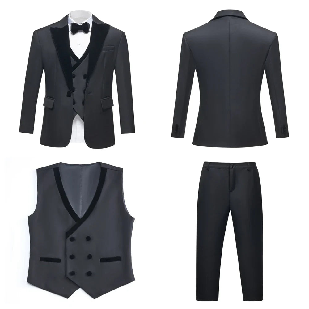 Four Pieces Boys Formal Suit Set, Velvet Collar Blazer Vest Pants Bow-tie Tuxedo Pants, Homecoming Children Wedding Suits