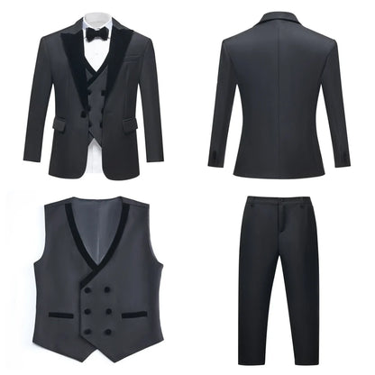Four Pieces Boys Formal Suit Set, Velvet Collar Blazer Vest Pants Bow-tie Tuxedo Pants, Homecoming Children Wedding Suits