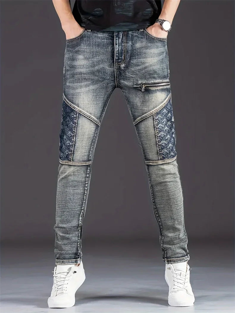 Streetwear Men's Motorcycle Jeans Stretch Nostalgic Fashion Casual Denim Trousers Slim Straight Patchwork Washed Cowboy Pants