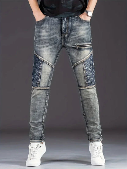 Streetwear Men's Motorcycle Jeans Stretch Nostalgic Fashion Casual Denim Trousers Slim Straight Patchwork Washed Cowboy Pants