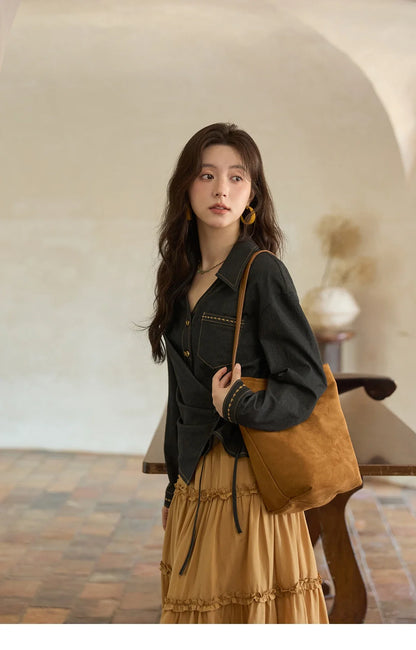Autumn Retro Black Imitation Denim Shirt 2025 Side Lace-up Solid Shirts Lapel V-neck Retro Button Casual Tops MXE42C2374