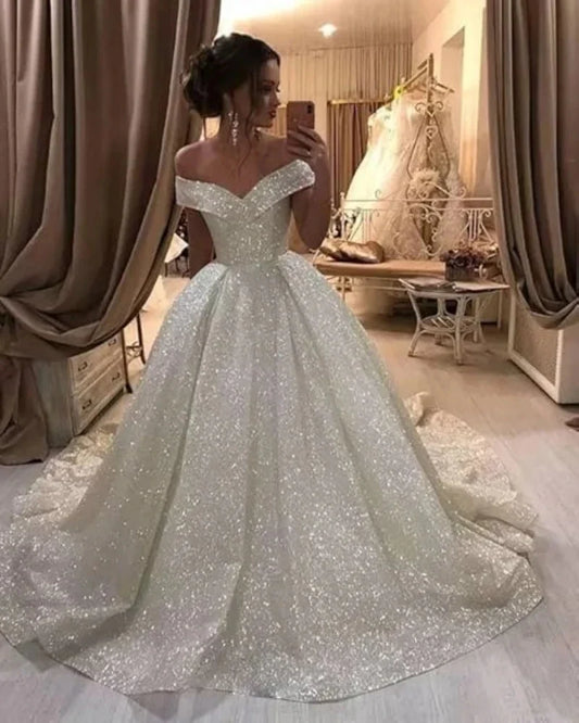Customized White A Line Elegant Sexy Wedding Party Dress Off The Shoulder Shining Tulle Bridal Special Occasion Dress for Woman
