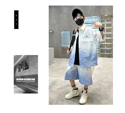 Fashion Kids Clothing Set Shirt Shorts Summer Suit for Teenage Boy Loose Casual Gradient Color Clothes Set Child Luxury Outfit