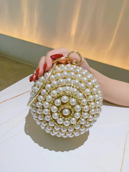 Round Pearl Clutch Purse Handbag Luxury Elegant Evening Bag Ring Handle For Women Bride Bridesmaid Wedding Party Handbag Purses