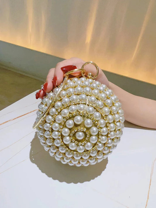 Round Pearl Clutch Purse Handbag Luxury Elegant Evening Bag Ring Handle For Women Bride Bridesmaid Wedding Party Handbag Purses